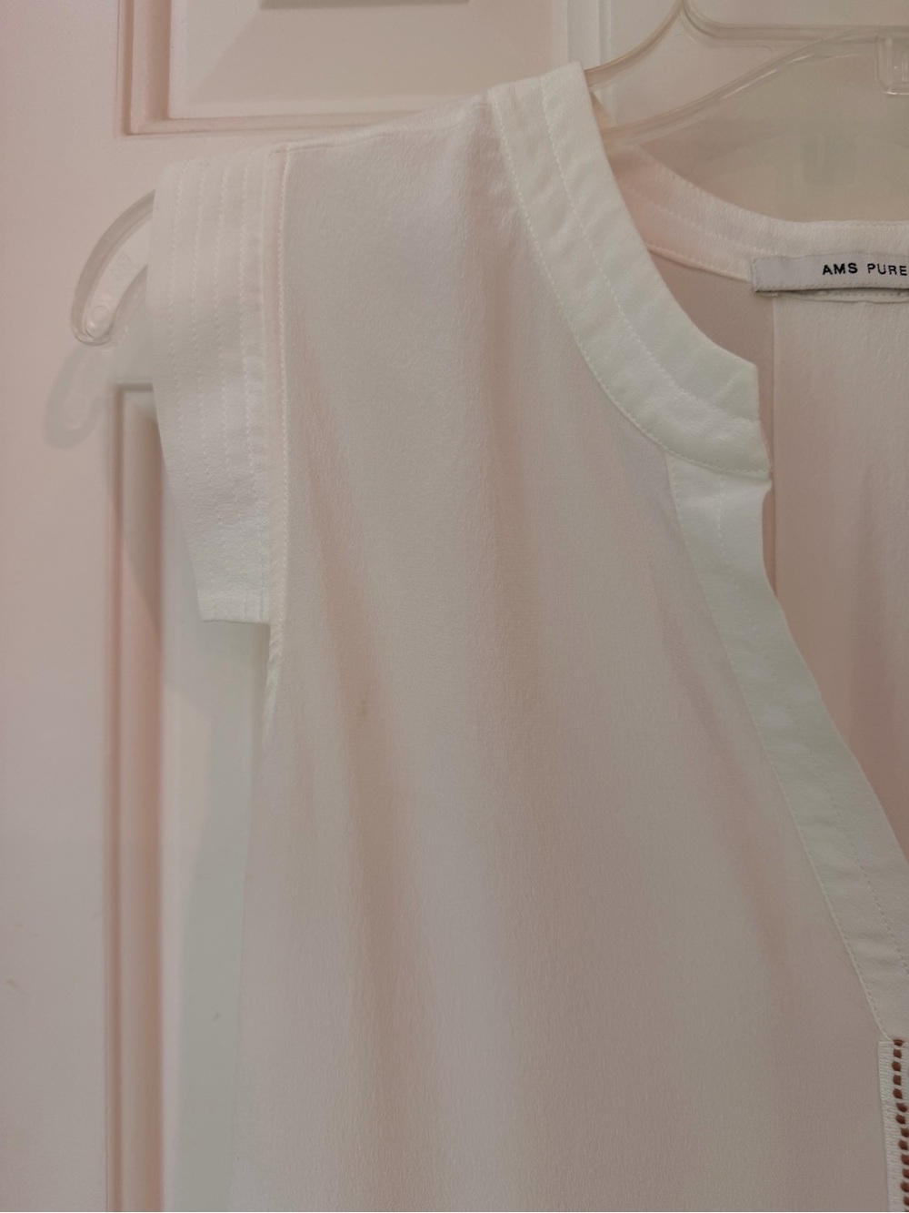 White Silk Sleeveless V-Neck Blouse, Center Gold Metallic Trim by AMS Pure, Sz S - Picture 6 of 14